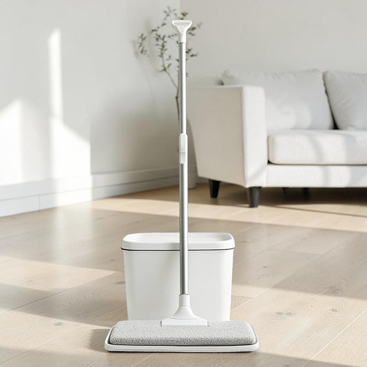 Widor Flat Mop and Bucket System - Self-Wringing Floor Cleaning Tool for Hardwood, Laminate & Tile - 2 Microfiber Pads Included - White