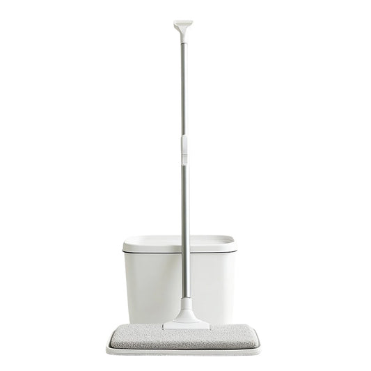 Widor Flat Mop and Bucket System - Self-Wringing Floor Cleaning Tool for Hardwood, Laminate & Tile - 2 Microfiber Pads Included - White
